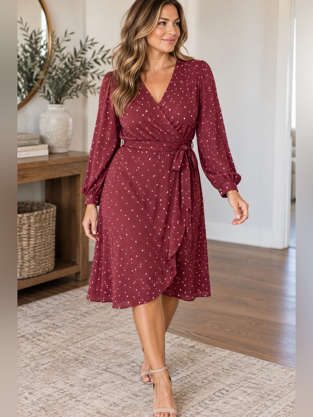 LOFT Plus Burgundy Star Print Wrap Dress Size 18 Long Sleeve